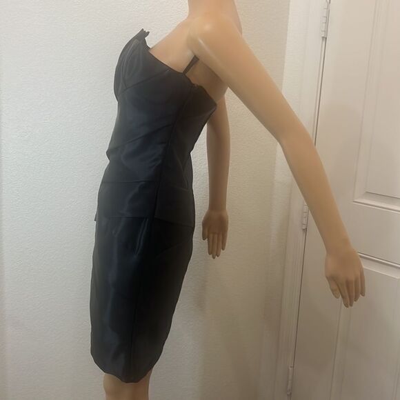 Jessica McClintock Black Dress Size 6 Strapless Satin Mini Slimming Tiered Layer - Picture 4 of 11